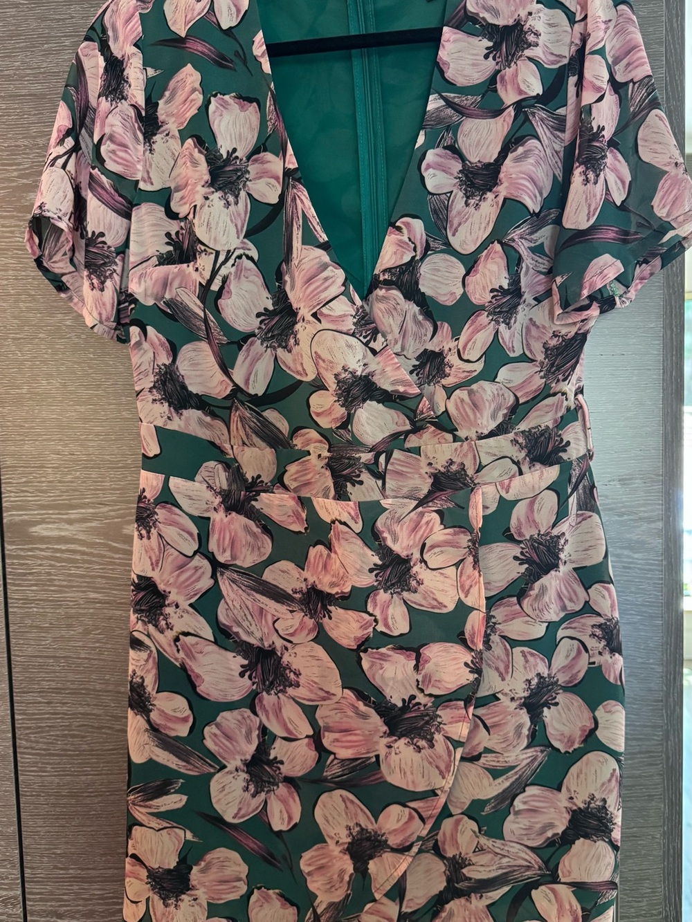 Green Floral Wrap Mini Dress with Pink Bloom Print